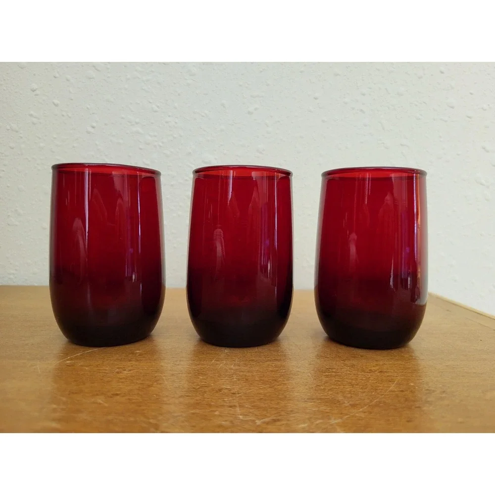 Lot of 3 Vintage Anchor Hocking Ruby Juice Glasses, 4 oz. Tumblers,‎ Roly Poly